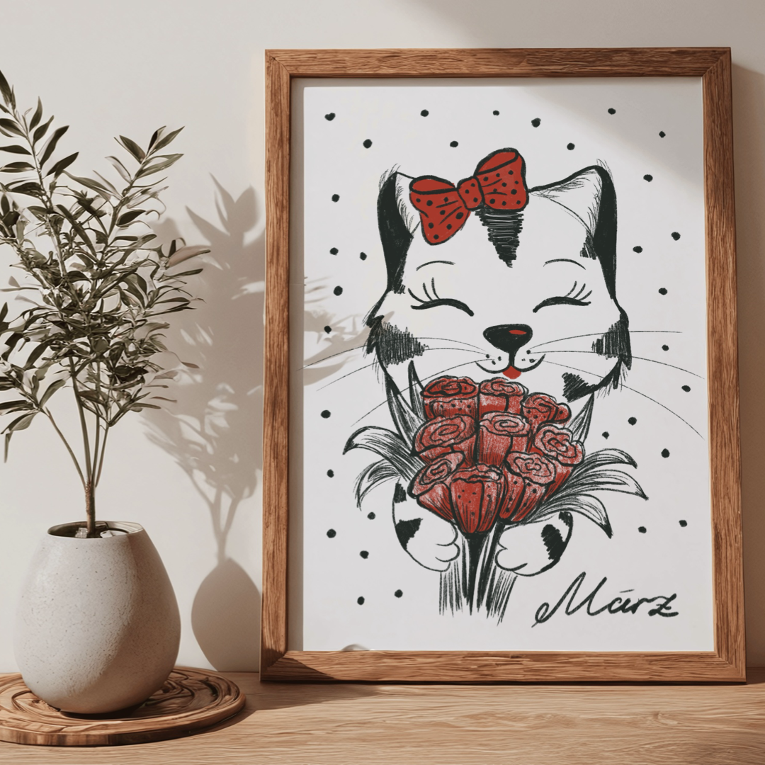Poster Katze März Tier, Geschenk Katze Kunst Schwarz-Weiß Wand Dekor Poster, Druck Digital Download