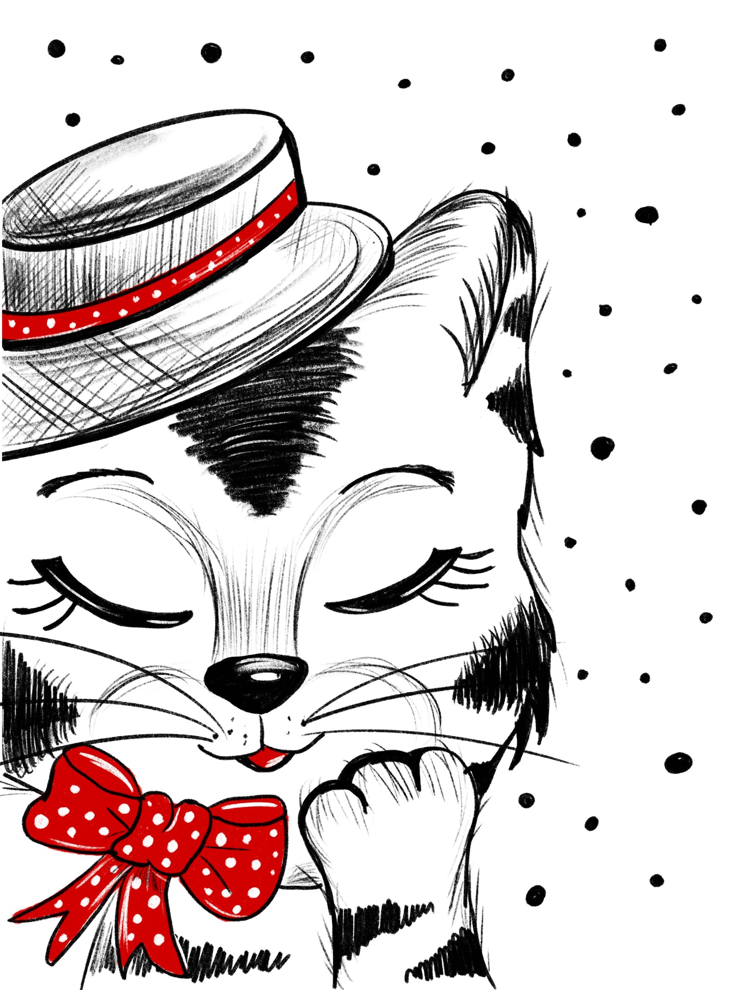 Poster Katze in Hut , Geschenk Katze Kunst Schwarz-Weiß Wand Dekor Poster, Druck Digital Download