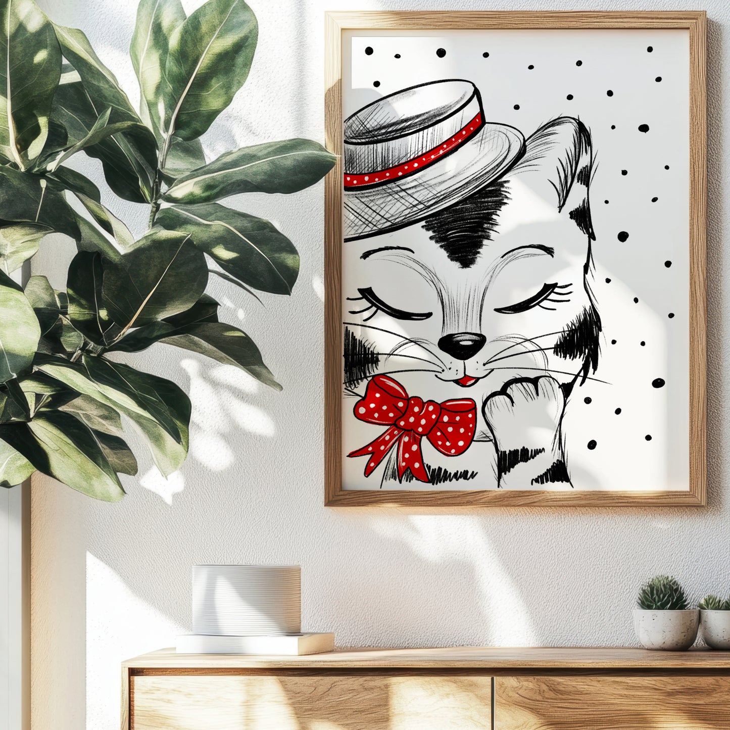 Poster Katze in Hut , Geschenk Katze Kunst Schwarz-Weiß Wand Dekor Poster, Druck Digital Download