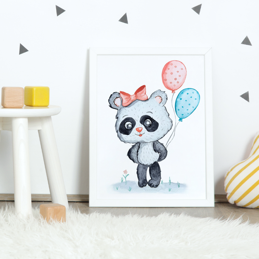 Poster süßer Panda, Geschenk Panda mit Luftballons Kunst Aquarell Wand Dekor Poster, Druck Digital Download