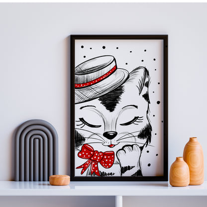 Poster Katze in Hut , Geschenk Katze Kunst Schwarz-Weiß Wand Dekor Poster, Druck Digital Download