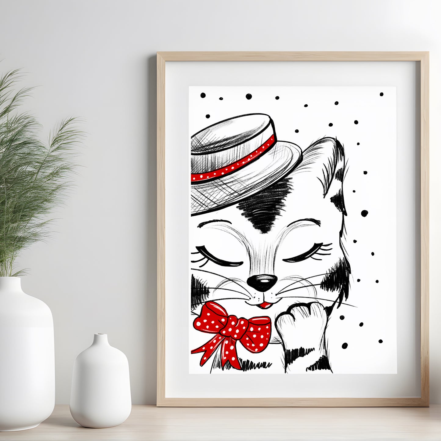 Poster Katze in Hut , Geschenk Katze Kunst Schwarz-Weiß Wand Dekor Poster, Druck Digital Download