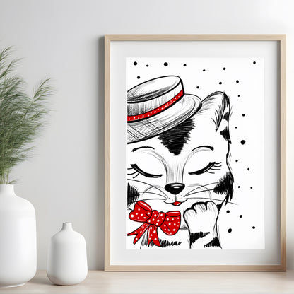 Poster Katze in Hut , Geschenk Katze Kunst Schwarz-Weiß Wand Dekor Poster, Druck Digital Download