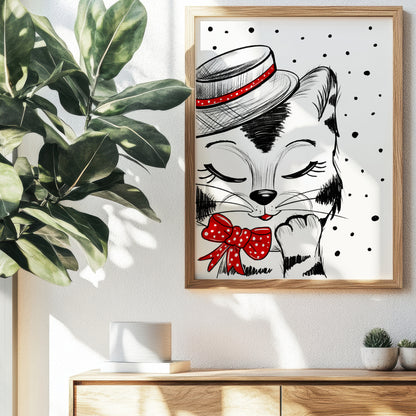 Poster Katze in Hut , Geschenk Katze Kunst Schwarz-Weiß Wand Dekor Poster, Druck Digital Download