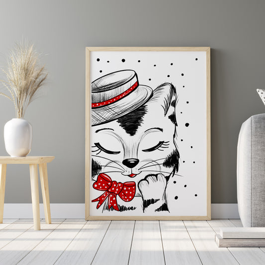 Poster Katze in Hut , Geschenk Katze Kunst Schwarz-Weiß Wand Dekor Poster, Druck Digital Download