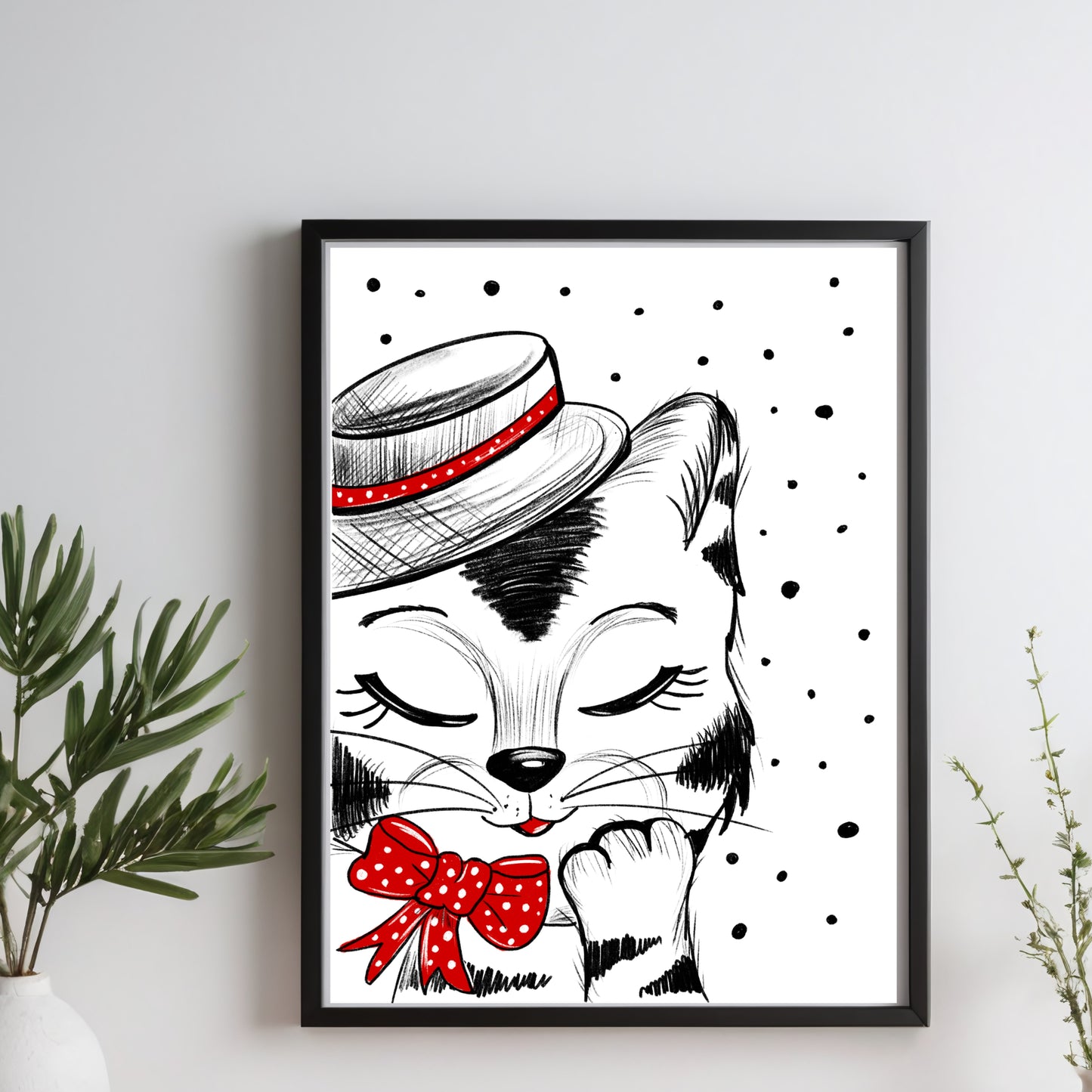 Poster Katze in Hut , Geschenk Katze Kunst Schwarz-Weiß Wand Dekor Poster, Druck Digital Download