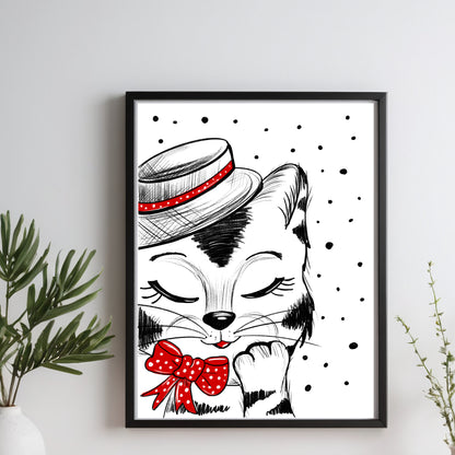 Poster Katze in Hut , Geschenk Katze Kunst Schwarz-Weiß Wand Dekor Poster, Druck Digital Download