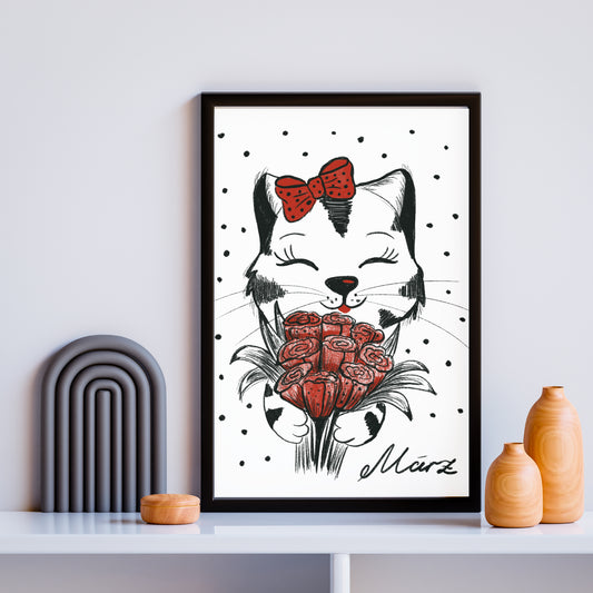 Poster Katze März Tier, Geschenk Katze Kunst Schwarz-Weiß Wand Dekor Poster, Druck Digital Download