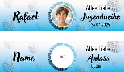 Banner Jugendweihe, Konfirmation, Kommunion 200x50 cm - blau pompon- individuell